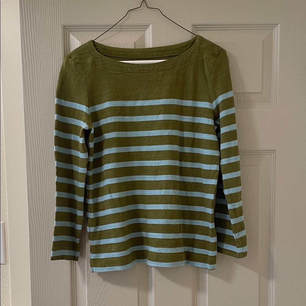 LOFT Striped Blue & Olive 3/4 Sleeve Knit Top